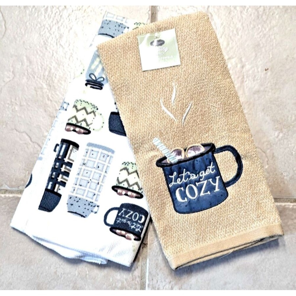Let's Get Cozy Coffee Mug Kitchen Towels Embroidered Applique Blue Tan 2pc NEW